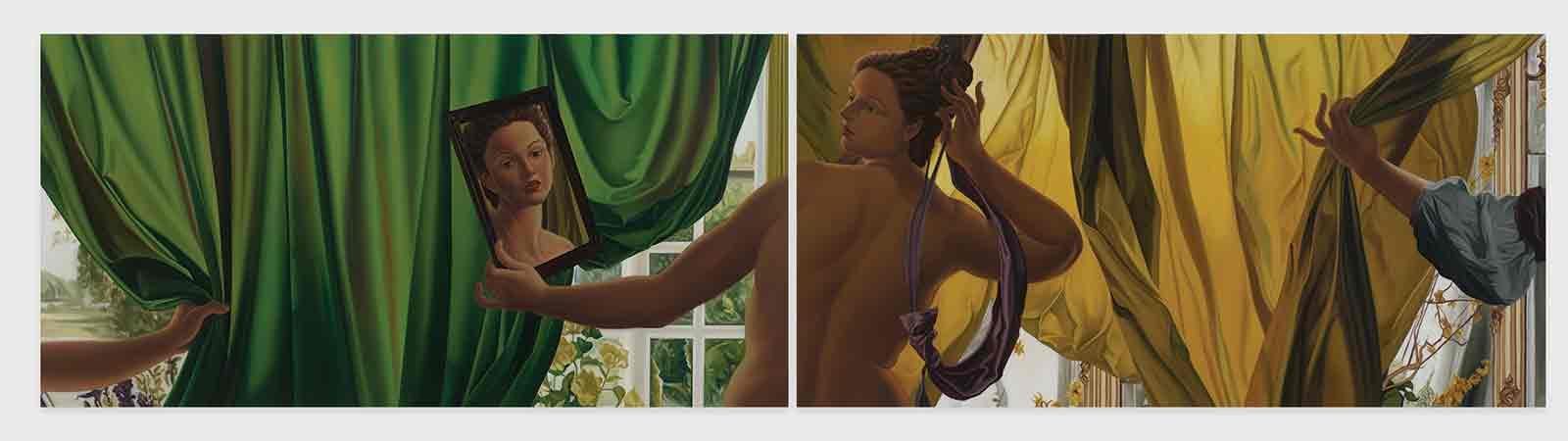 Painting of a nude woman looking into a mirror with gold and green drapes hanging behind her